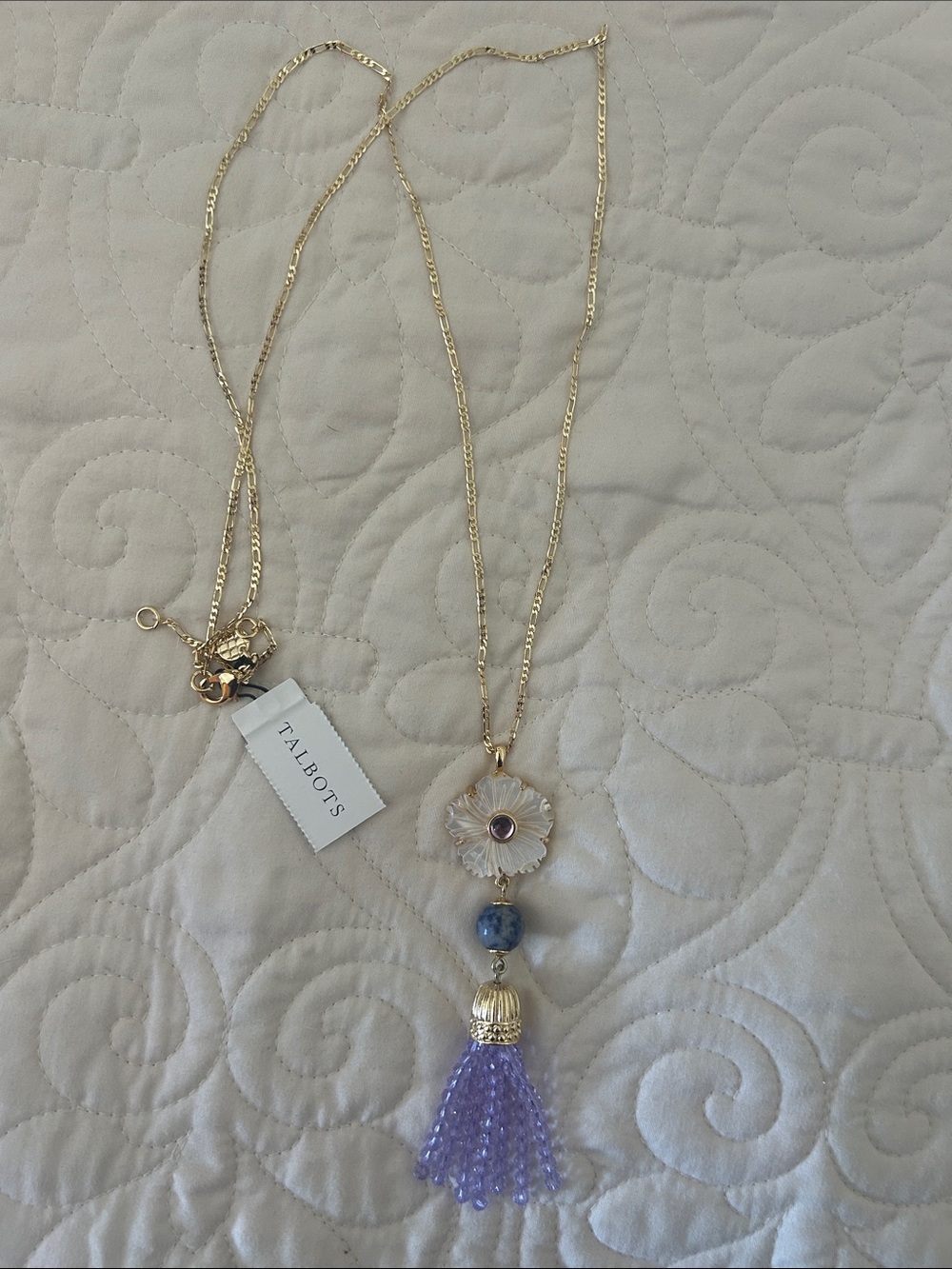 Talbots Gold-Plated Flower Pendant Necklace with Lavender Tassel and Blue Bead